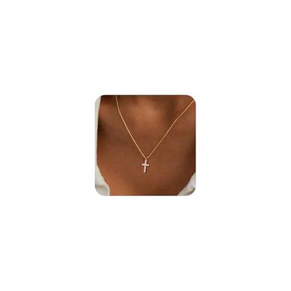 Poxtex Cross Necklace for Women Teen Girls, Dainty 14K Gold Silver Plated Cross Choker Jewelry Non Tarnish Waterproof Cute Simple Small Necklace Christian Baptism Religious Faith Jewelry Gifts - color: 03 Small Cross CZ - Gold