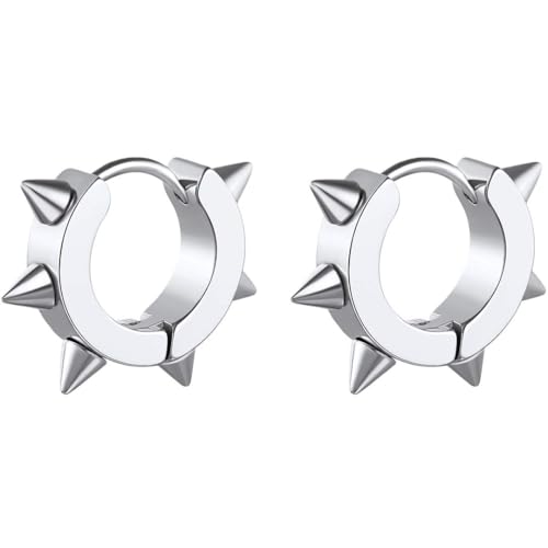 ChainsHouse Stud Earrings for Men Women,316L Stainless Steel/14K Gold/Black Plated Metal, Punk Hypoallergenic Surgical Huggie Hoop Earrings Mens Jewelry Piercing Hoop Earrings - style: D: Silver-Spike(1 Pair)