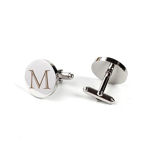 Mens Initial Silver Cufflinks A-Z Alphabet Letter Steel Cuff Links with Engraved Walnut Wood Box Groom Groomsman Wedding Set… - style: M