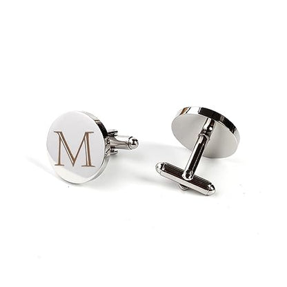 Mens Initial Silver Cufflinks A-Z Alphabet Letter Steel Cuff Links with Engraved Walnut Wood Box Groom Groomsman Wedding Set… - style: M