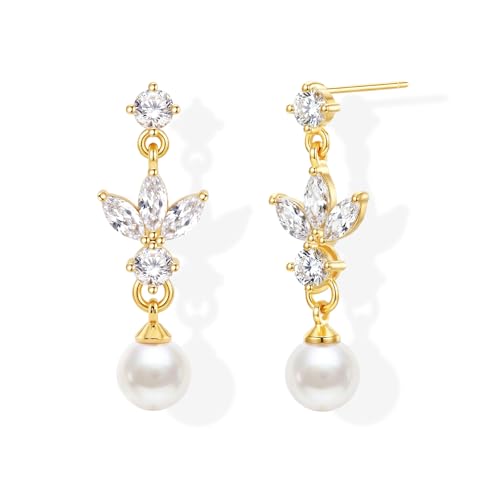 Pearl Earrings for Women 14k Gold/Silver Pearl Drop Earrings Long White Pearl Tassel Dangle Statement Earrings Bridal Wedding Dainty Prom Earrings Birthday Gifts Jewelry - color: Gold CZ Pearl Drop Earrings