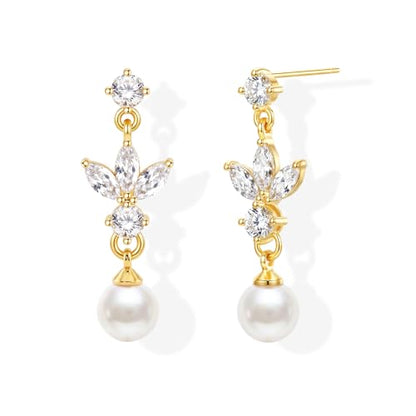 Pearl Earrings for Women 14k Gold/Silver Pearl Drop Earrings Long White Pearl Tassel Dangle Statement Earrings Bridal Wedding Dainty Prom Earrings Birthday Gifts Jewelry - color: Gold CZ Pearl Drop Earrings