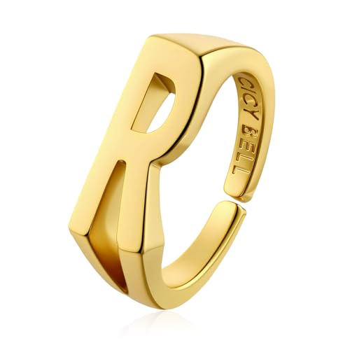 Cicy Bell Initial Rings for Women 18k Gold Plated Adjustable Rings | Open Signet Rings, Bold Letter, Personalized Engraved, For Party - color: Initial-R