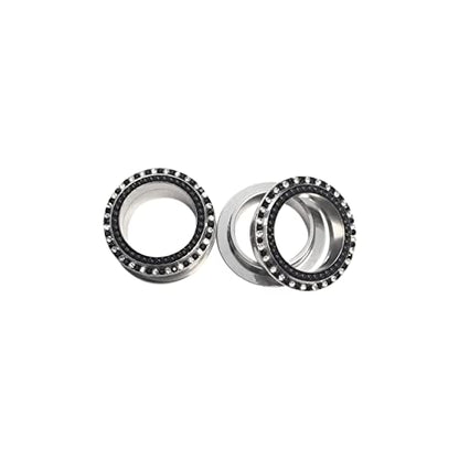 Screw Fit Plug Earrings Surgical Steel Ear Plug Gauges Center Tunnels Ear Gauges Screw Plugs with Black & Clear CZ Gems Piecing Jewelry - size: 12mm - 1/2"