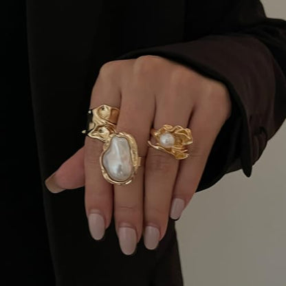 3/6 PCS Silver Chunky Pearl Rings Set for Women Gold Baroque Pearl Flower Open Ring Adjustable Crystal Large Ring Set Personalized Statement Knuckle Rings Fashion Costume Jewelry Accessories - color: gold