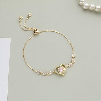14K White Gold Plated Heart Bracelet for Women, Zircon Inlay Love Heart Charm Chain Bracelet Bangle with Adjustable Length - color: gold-pink