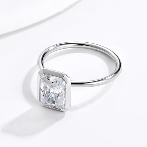 Radiant Cut Moissanite Engagement Ring for Women, Bezel Set Solitaire Ring | D Color VVS1 925 Sterling Silver 14K Gold Plated Wedding Ring, Available in 2CT 3CT 5CT, Diamond Alternative Promise Jewelry - style: 01 - White Gold - 3CT Radiant Moissanite