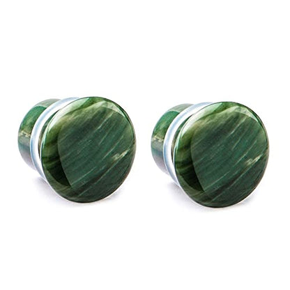 Pierced Owl - Green Lined Jasper Natural Stone Single Flared with Clear Silicone O-Ring Plugs, Sold as a Pair - style: 10mm (00GA)