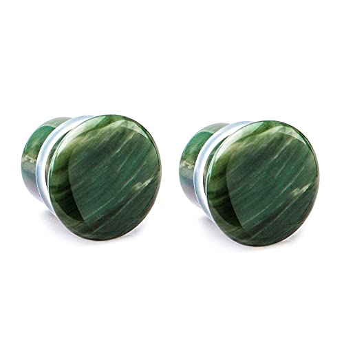 Pierced Owl - Green Lined Jasper Natural Stone Single Flared with Clear Silicone O-Ring Plugs, Sold as a Pair - style: 12mm (1/2")