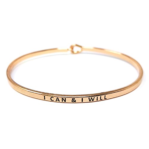 by you Inspirational Positive Message Engraved Thin Cuff Bangle Hook Bracelet - color: I CAN & I Will-Rosegold