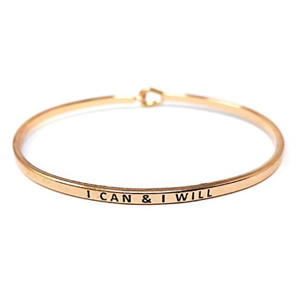 by you Inspirational Positive Message Engraved Thin Cuff Bangle Hook Bracelet - color: I CAN & I Will-Rosegold
