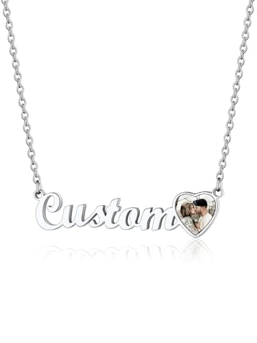 GoldChic JEWELRY Name Necklace Personalized for Men, Womens Custom Name Plate Chain, Stainless Steel Customized Old English Nameplate Choker with Curb Chains Custom, 16 inches to 30 inches - color: Photo & Rolo Chain 1.8 mm - Steel