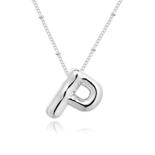 Ewrkbrㅤ Initial Necklaces for Women, 14k Gold Plated Bubble Letter Necklace Chunky Gold Necklace Dainty Charm Initial Necklaces for Women Trendy Custom Preppy Stocking Stuff Necklace Christmas Gifts - color: Silver, style: P