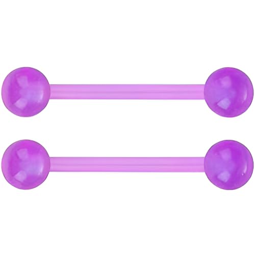 Glow in the Dark Barbell Piercing Set for Women Men 14 G Flexible Acrylic Tongue Ring Jewellery Long Nipple Piercings Bars Kit Hypoallergenic Cute Body Jewelry Stud 2 pcs - color: Purple