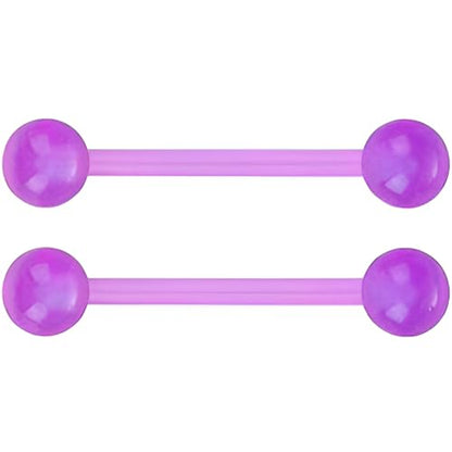 Glow in the Dark Barbell Piercing Set for Women Men 14 G Flexible Acrylic Tongue Ring Jewellery Long Nipple Piercings Bars Kit Hypoallergenic Cute Body Jewelry Stud 2 pcs - color: Purple