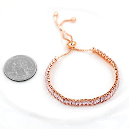 Uloveido Classic Emerald Cut Rectangular Cubic Zirconia Eternity Tennis Bracelet Adjustable for Women Y1788 - color: Rose Gold-white