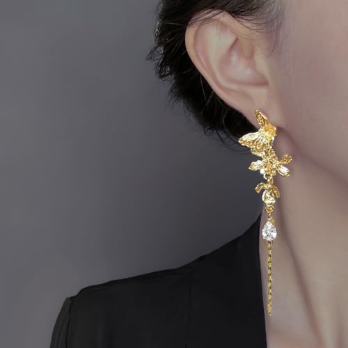 Vintage Gold Butterfly Ear Climbers Detachable Tassel Teardrop CZ Drop Chain Dangle Earrings for Women Party Jewelry