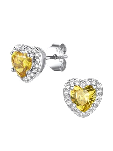 FindChic Birthstone Earrings for Women, Round/Heart/Square/Teardrop Earrings with 925 Sterling Silver Posts & Push Backs, Hypoallergenic Studs with Cubic Zirconia, 12 Months Jewelry with Gift Box - style: 11. November-Yellow Topaz (Heart-Silver)