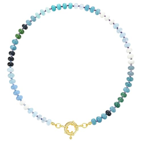 KissYan Beaded Gemstone Necklaces for Women | Colorful Bead Natural Stone Choker with 14K Gold Plated Spring Ring Clasp, Handmade Knot Jewelry for Summer Beach - color: E-Blue & Green