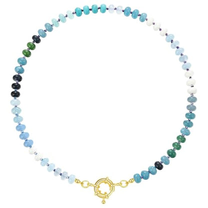 KissYan Beaded Gemstone Necklaces for Women | Colorful Bead Natural Stone Choker with 14K Gold Plated Spring Ring Clasp, Handmade Knot Jewelry for Summer Beach - color: E-Blue & Green