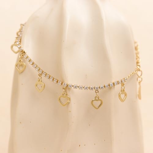Silver Heart Charm Link Anklet for Women, Adjustable Handmade Cubic Zirconia Stackable Waterproof Summer Beach Chain Anklets Jewelry Accessories Gift - color: Gold Hollowed Heart