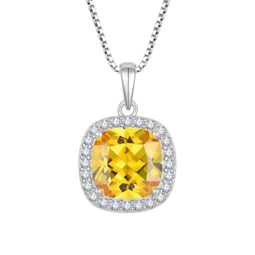 Birthstone Necklace for Women 925 Sterling Silver Princess Cut Halo Necklace Pendant Jewelry for Mom Wife - color: Yellow