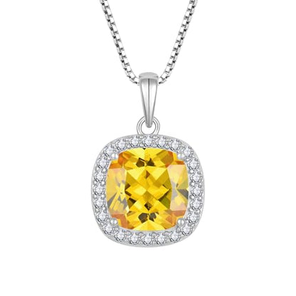 Birthstone Necklace for Women 925 Sterling Silver Princess Cut Halo Necklace Pendant Jewelry for Mom Wife - color: Yellow