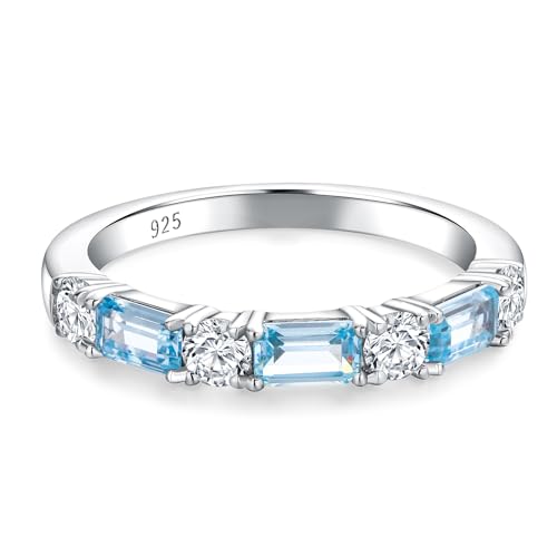 3.5mm Half Eternity Band Sterling Silver Rings for Women Sapphire/Ruby/Emerald and Cz Wedding Bands 7 Stone Stackable Birthstone Ring Anniversary Jewelry Size 6-10 - color: 03-Aquamarine-Mar.
