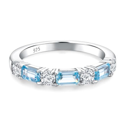 3.5mm Half Eternity Band Sterling Silver Rings for Women Sapphire/Ruby/Emerald and Cz Wedding Bands 7 Stone Stackable Birthstone Ring Anniversary Jewelry Size 6-10 - color: 03-Aquamarine-Mar.