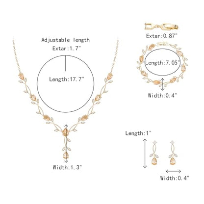 Crysdue Wedding Jewelry Set for Brides Bridesmaid, Cubic Zirconia Teardrop Marquise Leaf Cluster Pendant Necklace Bridal Tennis Bracelet Drop Earrings for Women Party Prom - style: A- CZ set-champagne, gold