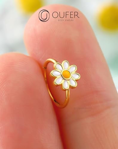 OUFER Nose Rings Hoops, 316L Surgical Steel Hinged Segment Nose Rings 20G, Silver Gold Nose Rings with Cute Daisy Design, Nose Nostril Piercing Jewelry for Women and Men - color: Gold