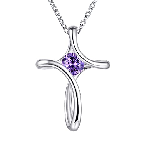 Cross Necklace for Women 925 Sterling Silver Birthstone Necklace for Women | Silver Necklaces with Diamond Sideways Birthstone Jewelry Gifts for Women 45+3cm Adjustable Chain - color: 02-Feb-Amethyst