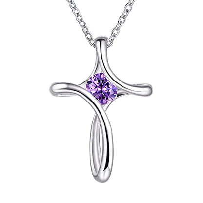Cross Necklace for Women 925 Sterling Silver Birthstone Necklace for Women | Silver Necklaces with Diamond Sideways Birthstone Jewelry Gifts for Women 45+3cm Adjustable Chain - color: 02-Feb-Amethyst