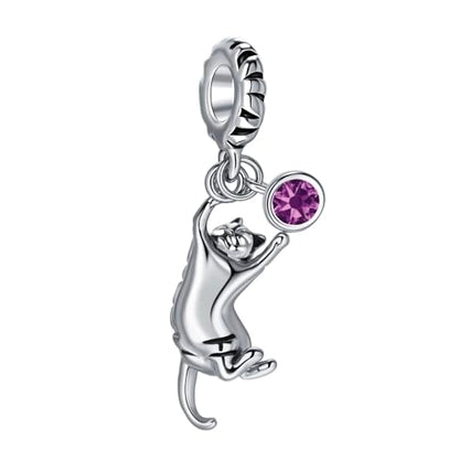Ginger Cat Playing Tabby Dangle Charm Compatible with Pandora Charms Bracelets with CZ Birthstones for Cat Lovers Women Mother's Day - style: Feb Tabby Cat