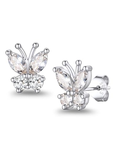 Suplight Butterfly Stud Earrings 925 Sterling Silver 14K Gold Brithstone Earrings for Women Brithstone Jewelry Gifts - color: 04.April ( Clear Quartz), size: Silver
