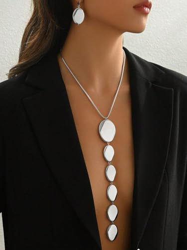Statement Necklace and Earrings Set – 2PCS Gold Silver Chunky Geometric Pendant Jewelry with Snake Chain, Asymmetrical Ellipse Y-Necklace Metallic Fashion Jewelry for Women - color: A:Silver