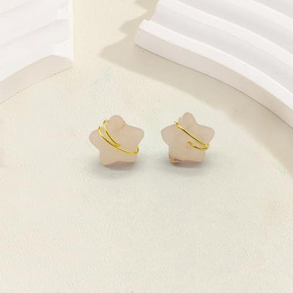 Raw Gemstone Star Stud Earrings for Women Handmade Star Chakra Healing Crystal Earrings Amethyst Raw Rose Quartz Gemstone Prong Stud Earrings Birthstone Jewelry Gift Ideas - color: Powder Crystal