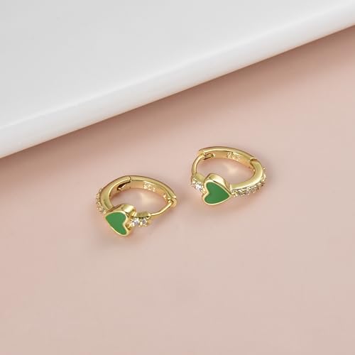 Enamel Heart Huggie Hoop Earrings with Cubic Zirconia Silver Small Hinged Hoops for Women - color: Heart Green Enamel