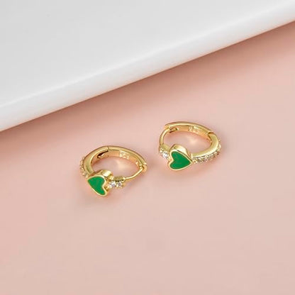 Enamel Heart Huggie Hoop Earrings with Cubic Zirconia Silver Small Hinged Hoops for Women - color: Heart Green Enamel