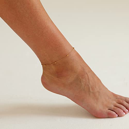 NONAMOIS Ankle Bracelets for Women Dainty 18K Gold Plated Anklet Waterproof Round Beaded Paperclip Herringbone Pearl Chain Anklets Waterproof Beach Foot Jewelry - color: Beaded-GD