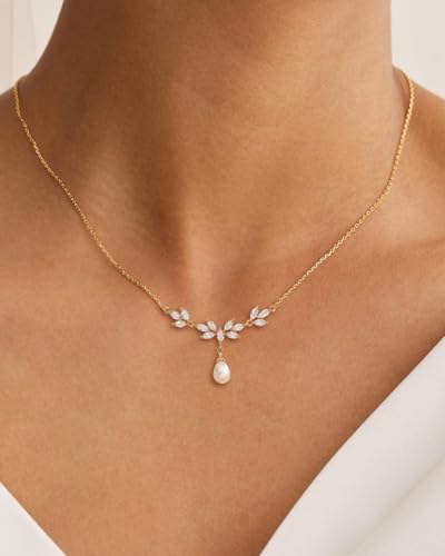 Pearl Necklace for Women- 14K Gold-plated/White Gold-plated Dainty Pearl Necklace for Women - color: Gold leaf teardrop