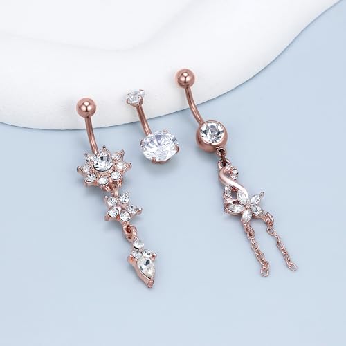 14G Dangle Belly Button Ring Piercing Jewelry 316L Stainless Surgical Steel Heart Flower CZ Reverse Navel Rings Dangling Belly Button Ring Piercing Jewelry for Women 14 Gauge Hypoallergenic - style: 12Pcs Rose Gold