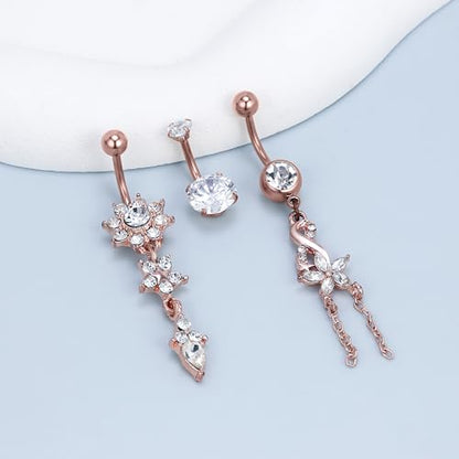 14G Dangle Belly Button Ring Piercing Jewelry 316L Stainless Surgical Steel Heart Flower CZ Reverse Navel Rings Dangling Belly Button Ring Piercing Jewelry for Women 14 Gauge Hypoallergenic - style: 12Pcs Rose Gold