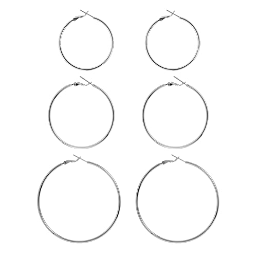 DAILY VIBES Simple Big Thin Hoop Earrings for Women Trendy, 3 Pairs | 925 Sterling Silver Post Large Hoops, 14K Gold or Silver Plated Loop, Hypoallergenic Hoop Earrings Set - color: Silver, size: 40-50-60mm