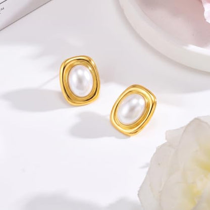 Chunky Gold Stud Earrings for Women 18K Gold Plated Hypoallergenic Chunky Statement Earrings Big Natural Crystal Stone Earring Gift for Women - color: Pearl