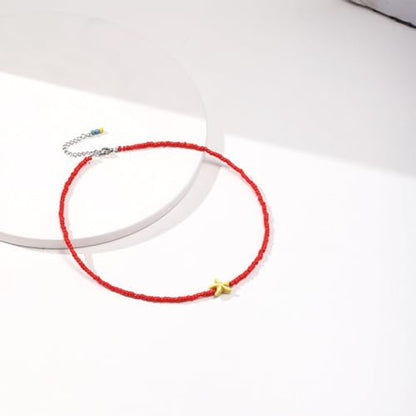 Seed Bead Choker Necklace for Women Bohemian Tiny Beads Choker Colorful Rice Bead Starfish Choker Summer Surfer Beach Necklace Jewelry Gift - color: Red