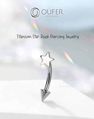 OUFER Rook Piercing Jewelry, G23 Solid Titanium Eyebrow Rings, Heart Vertical Labret Lip Jewelry, 16G Curved Barbells, Daith Rook Earrings for Women Men - color: Silver Star, size: 16G 8mm