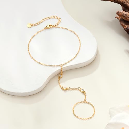 Eaciy 3PCS Gold Hand Chain Bracelets for Women, 18K Gold Plated Dainty Stackable Hand Chain Bracelet Ring Gold Bracelets for Women Trendy Gold Jewelry Set - color: 05-CZ Hand Chain