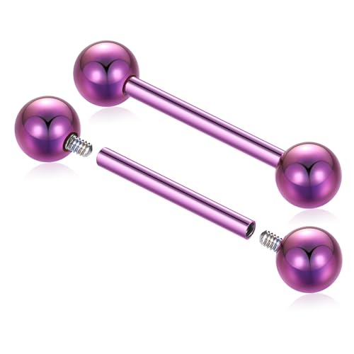 AROWRO Nipple Piercing Jewelry G23 Titanium Nipple Rings Tongue Rings Nipple Bar 14G Internally Threaded Straight Barbells Bridge Piercing Jewelry 12mm-20mm - color: Purple