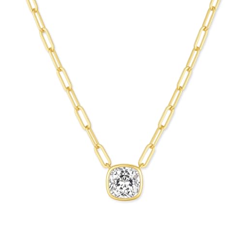 14K Gold Plated Paperclip Chain Necklace, 5A Cubic Zirconia Solitaire Pendant Necklace for Women - color: Cushion Bezel
